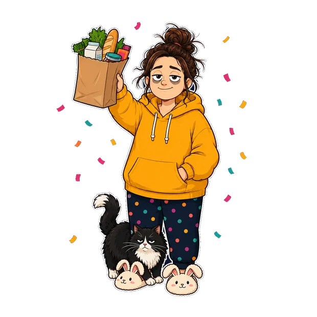 Sam holding a bag of groceries